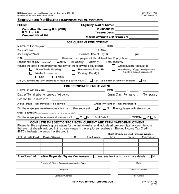 11 Sample Employment Verification Forms Sample Forms