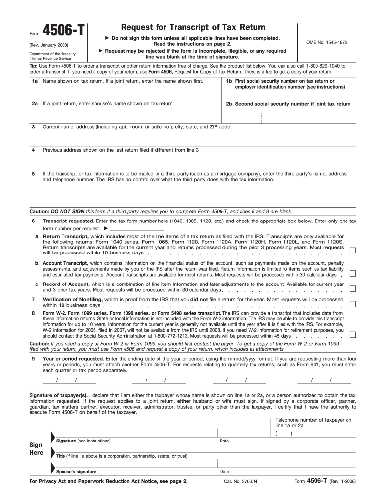 2008 Form IRS 4506 T Fill Online Printable Fillable Blank PdfFiller