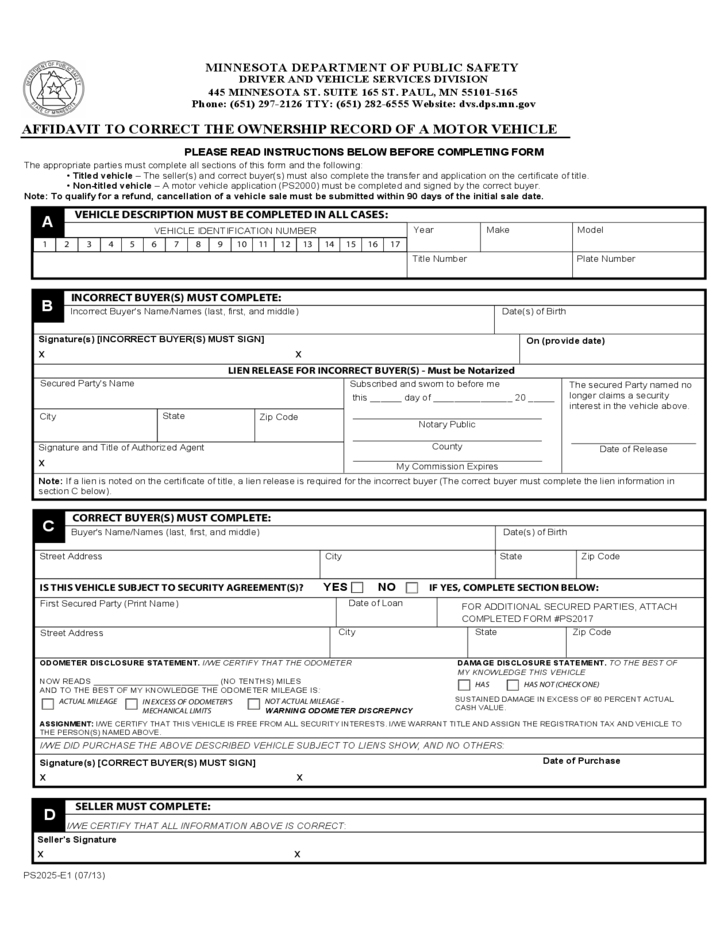 Affidavit To Correct The Ownership Record Of A Motor Vehicle 