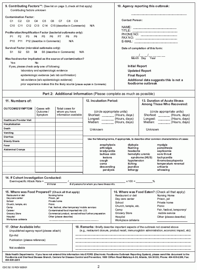 Appendix A CDC Form 52 13 Investigation Of A Foodborne Outbreak