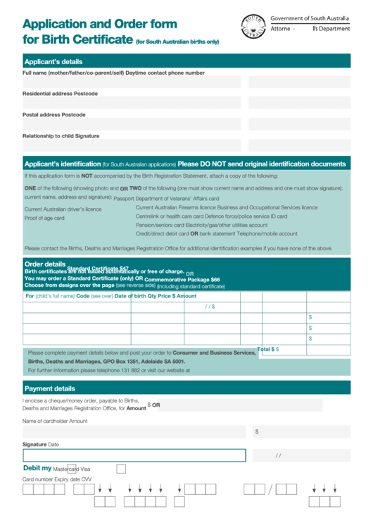 Application And Order Form For Birth Certificate For South Australian 