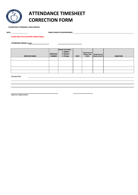 Attendance Timesheet Correction Form Printable Pdf Download