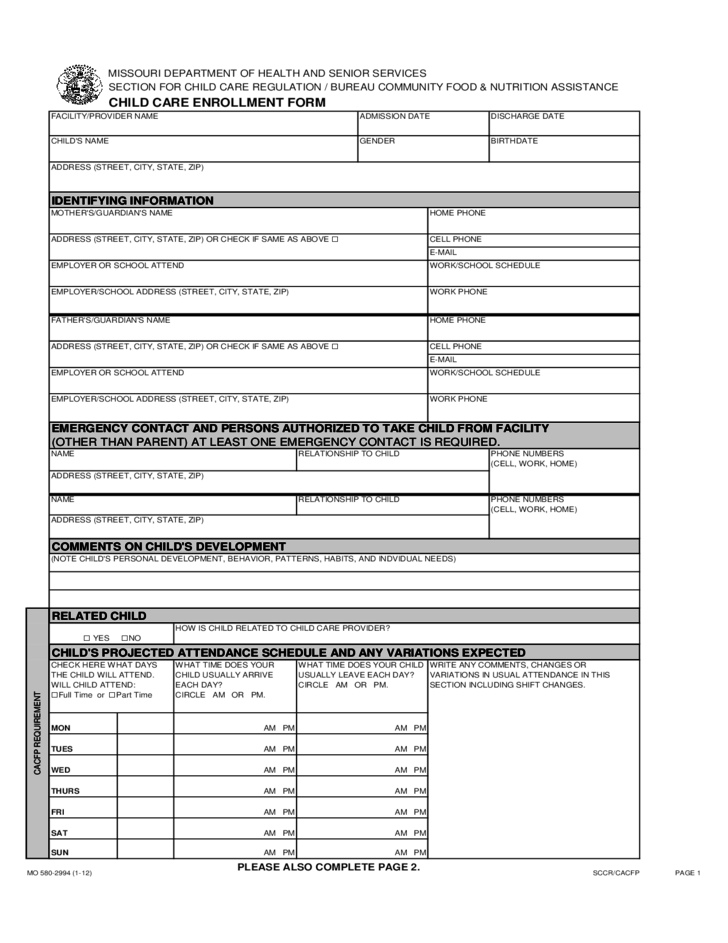 Child Care Enrollment Form Missouri Free Download