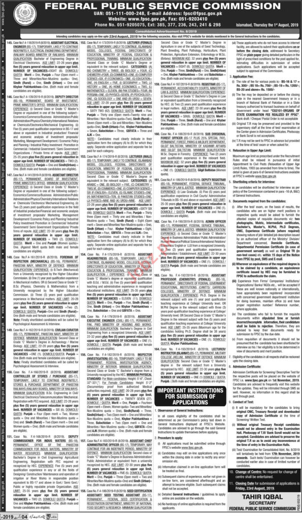 Consolidated Advertisement No 08 2019 FPSC Application Form Federal 