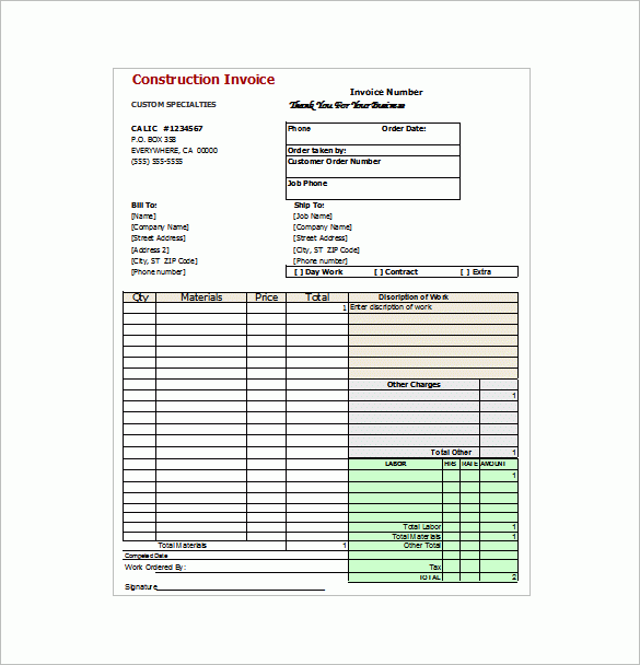 Construction Invoice Templates For Professional Services