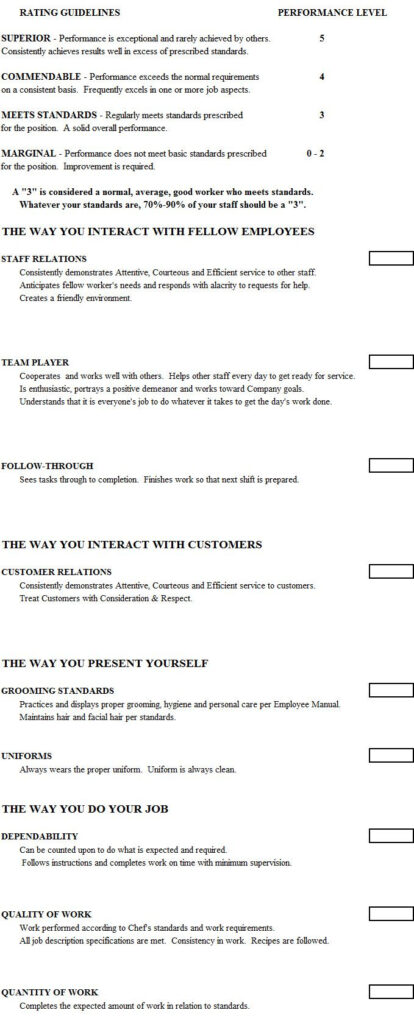 Cook Evaluation Form Chefs Resources Evaluation Employee Employee