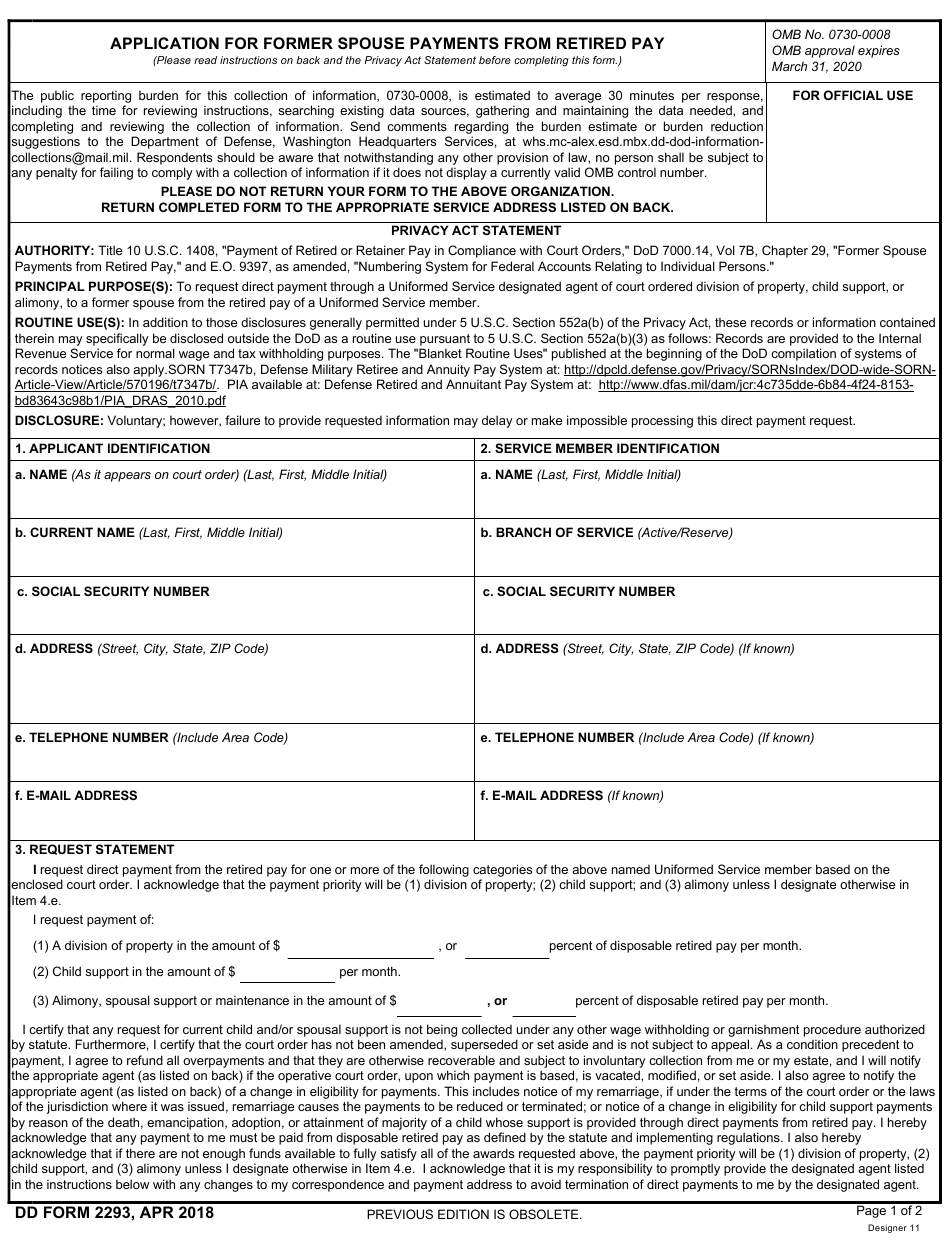 DD Form 2293 Download Fillable PDF Or Fill Online Application For 