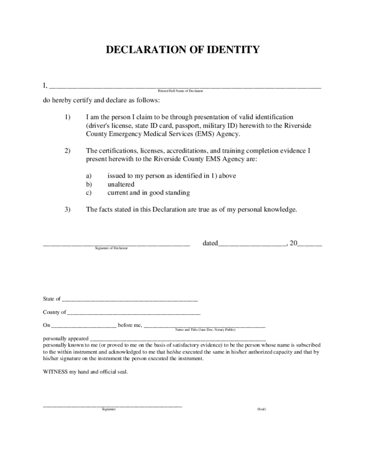 Declaration Of Identity Form Free Download