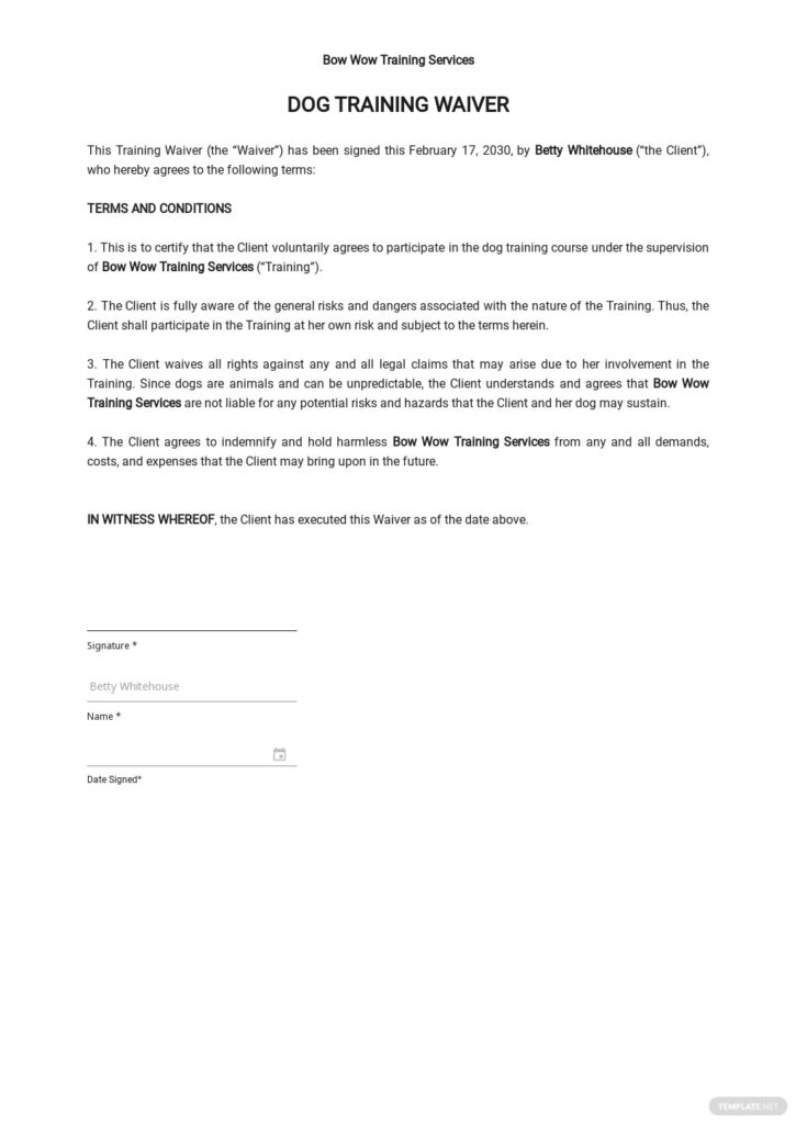 Dog Training Waiver Template In Google Docs Word Template