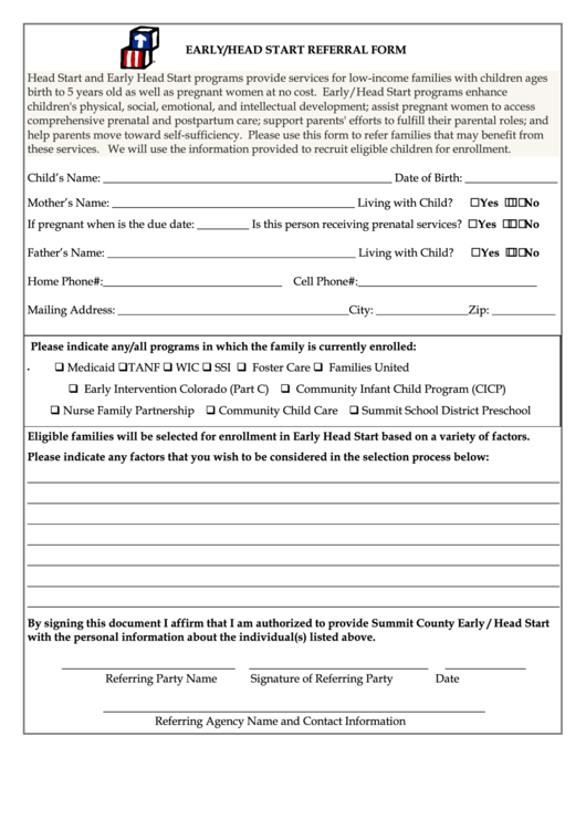 Early head Start Referral Form Printable Pdf Download