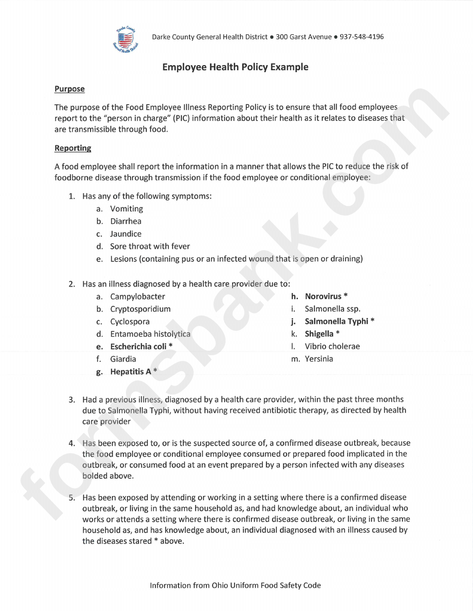 Employee Health Policy Example Printable Pdf Download