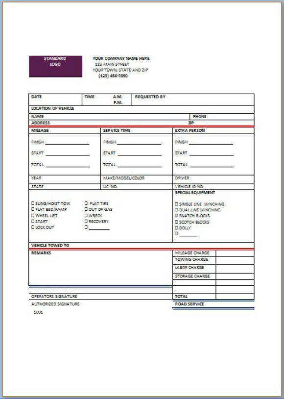 Fake Tow Receipt Form Towing Service Invoice Template Towing