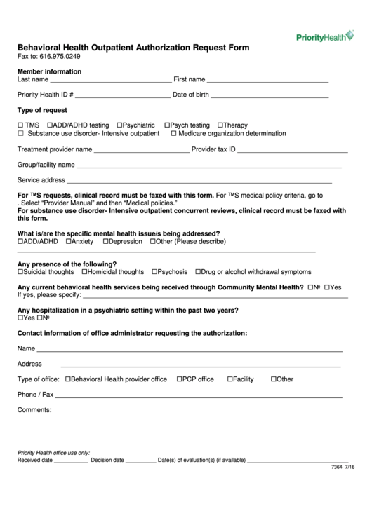 Fillable Behavioral Health Outpatient Authorization Request Form 0059