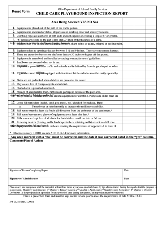 Fillable Child Care Playground Inspection Report Ohio Department Of