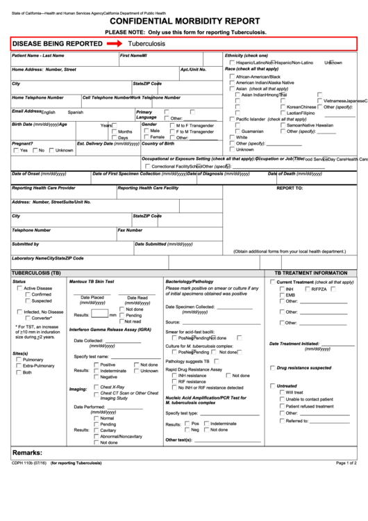 Fillable Form Cdph 110b Confidential Morbidity Report Template 