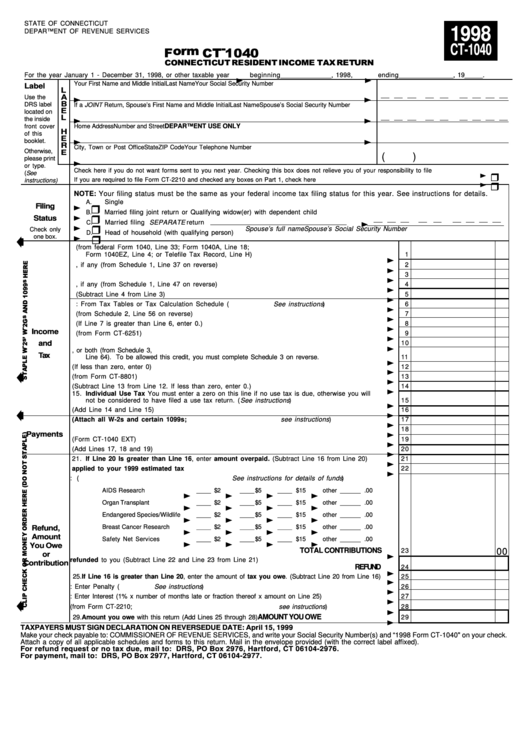 Fillable Form Ct 1040 Connecticut Resident Income Tax Return 