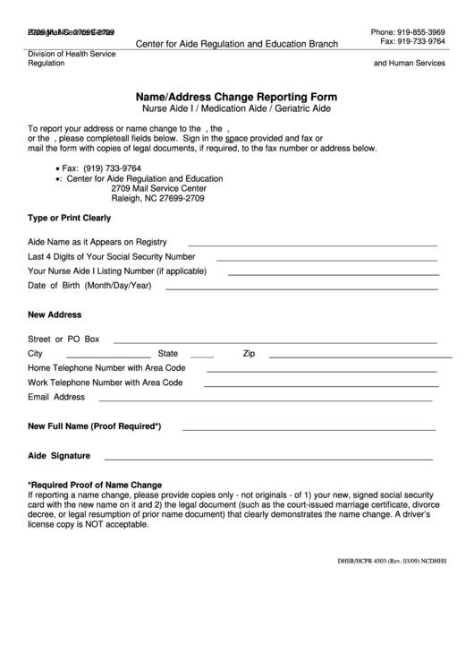 Fillable Form Dhsr hcpr 4503 Name address Change Reporting Form N c 