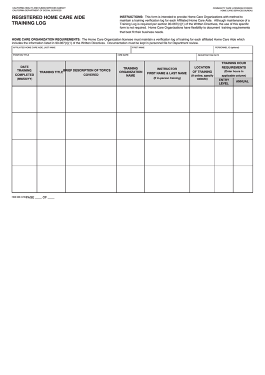 Fillable Form Hcs 500 Registered Home Care Aide Training Log 