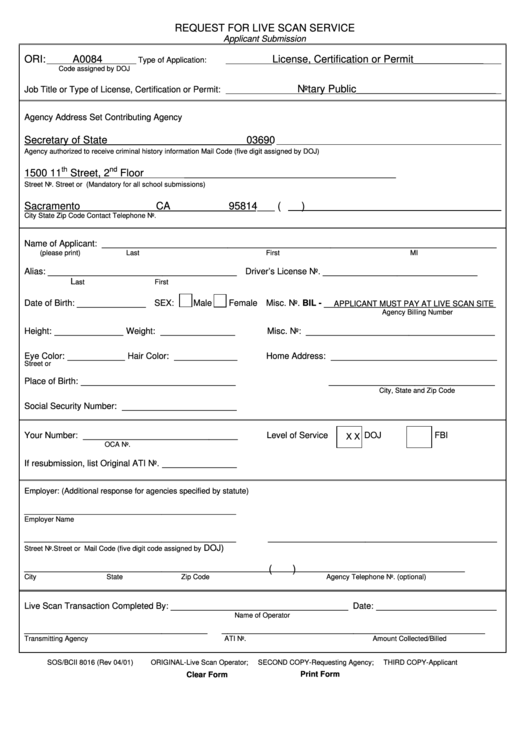 Fillable Form Sos bcii 8016 Request For Live Scan Service Printable 