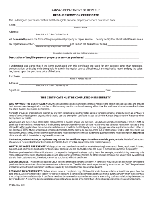 Fillable Form St 28a Resale Exemption Certificate 2009 Printable 