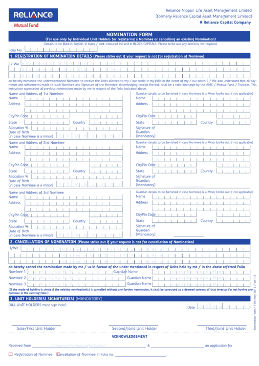 Fillable Nomination Form Reliance Mutual Fund Printable Pdf Download