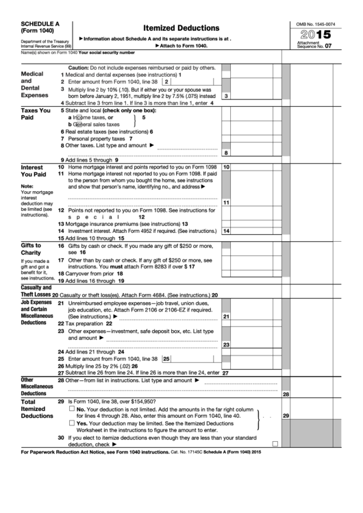 Fillable Schedule A Form 1040 Itemized Deductions 2015 Printable 