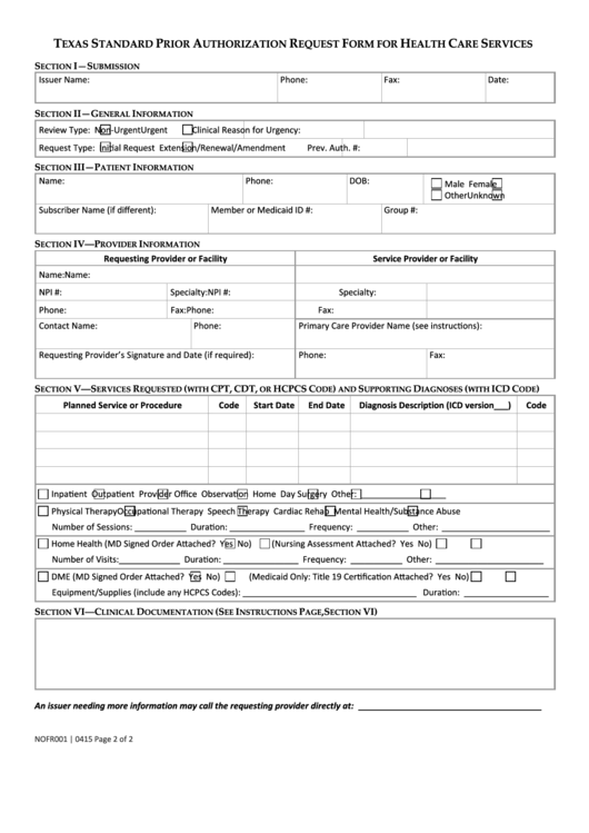 Fillable Texas Standard Prior Authorization Request Form For Health 