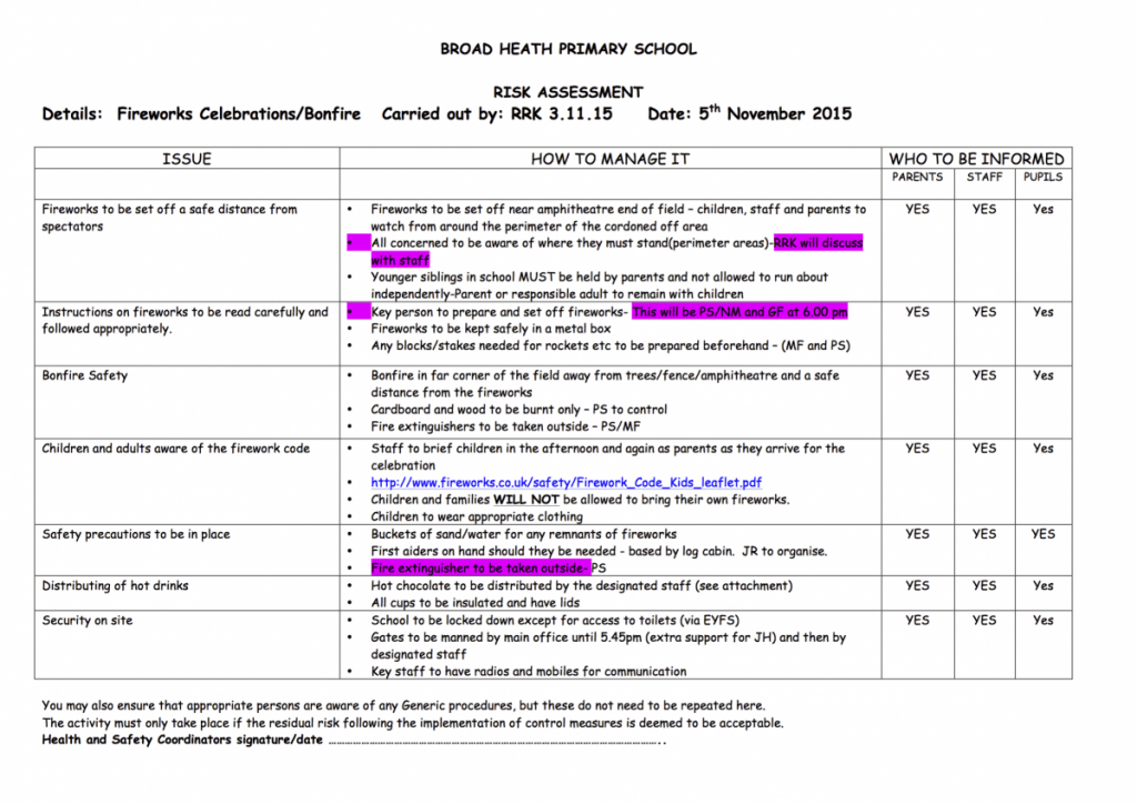 Fireworks Celebration Risk Assessment Broad Heath Primary School