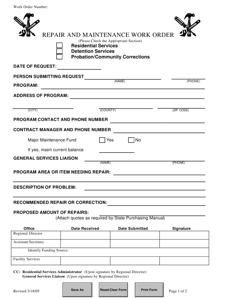 Florida Repair And Maintenance Work Order Form Download Fillable PDF 