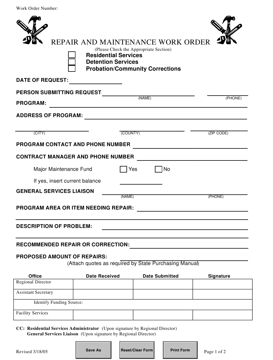 Florida Repair And Maintenance Work Order Form Download Fillable PDF 