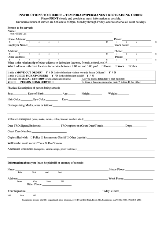 Form 007 Instructions To Sheriff Temporary permanent Restraining 