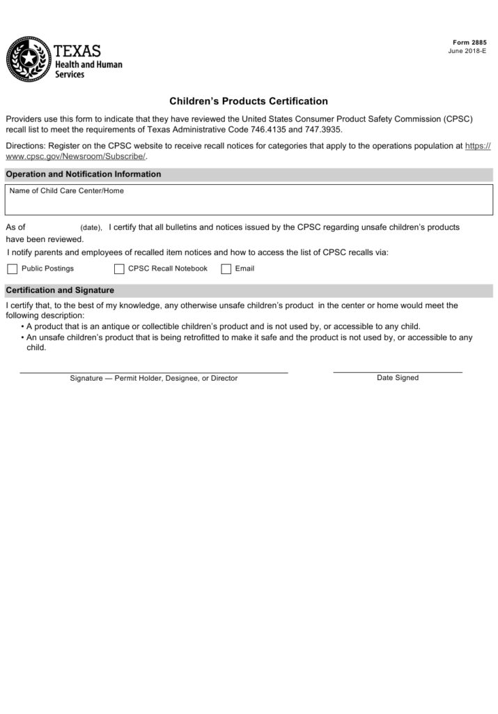 Form 2885 Download Fillable PDF Or Fill Online Children s Products 