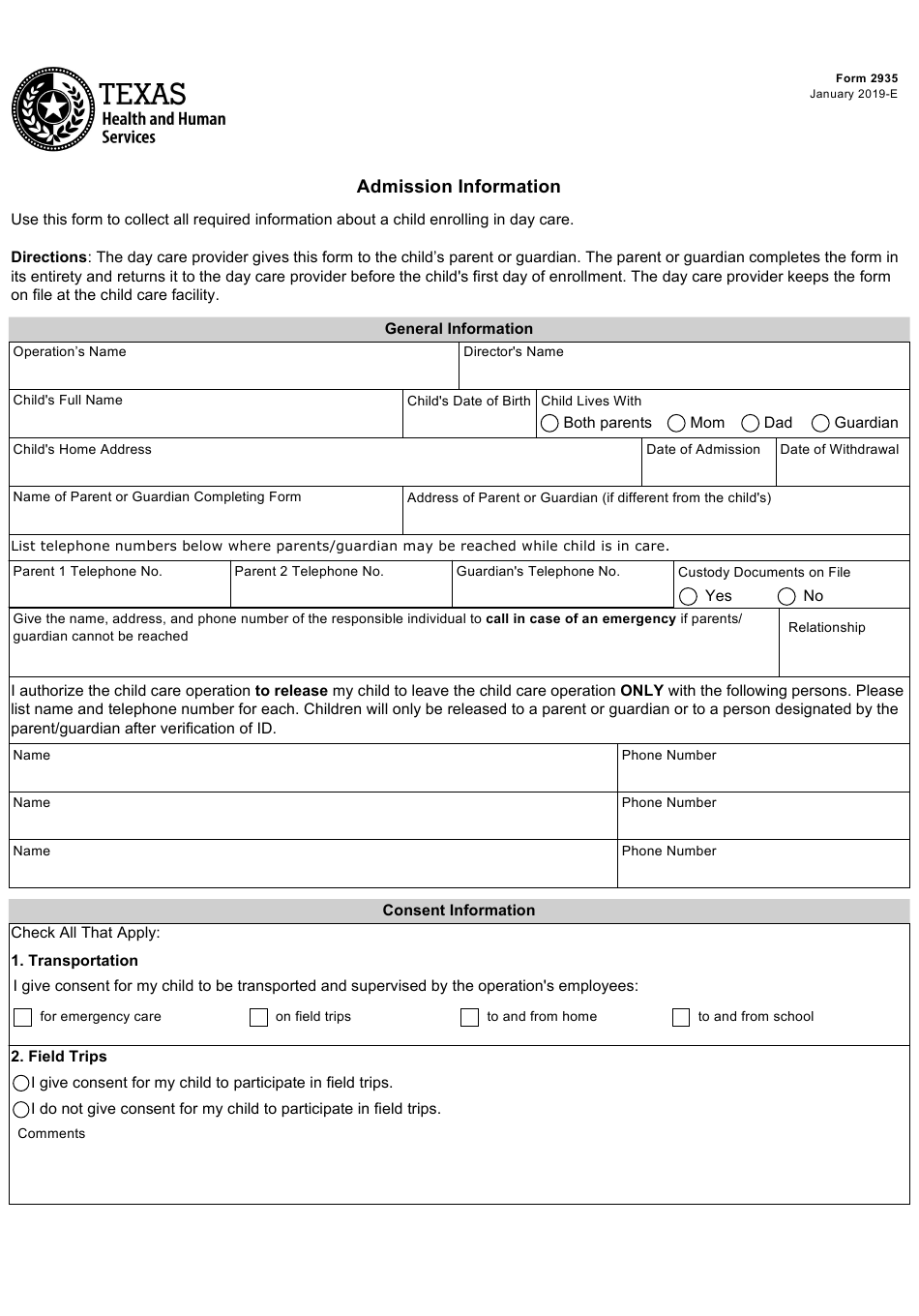 Form 2935 Download Fillable PDF Or Fill Online Admission Information 