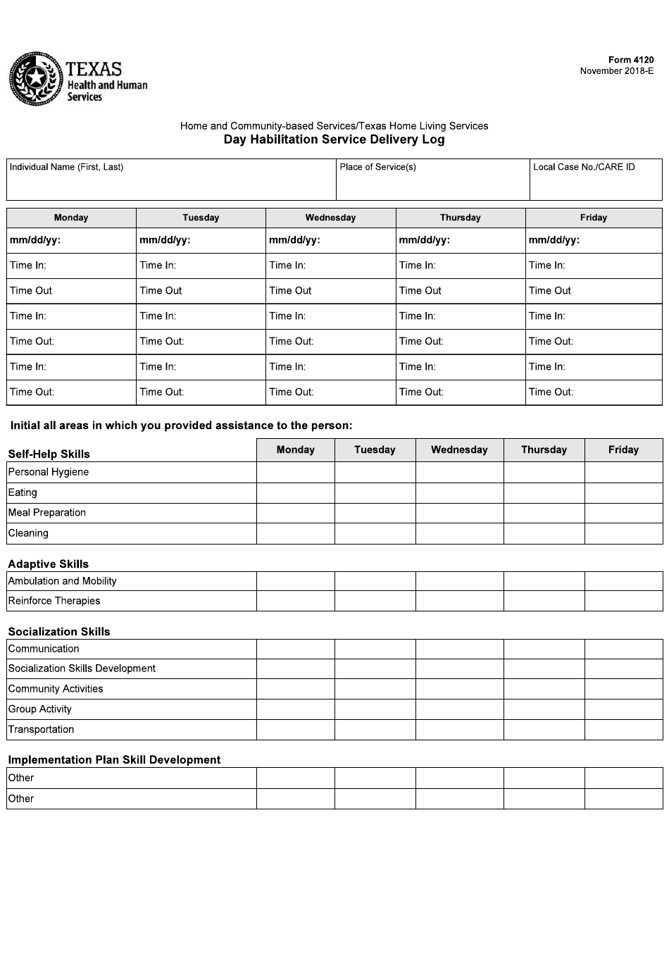 Form 4120 Download Fillable PDF Or Fill Online Day Habilitation Service 