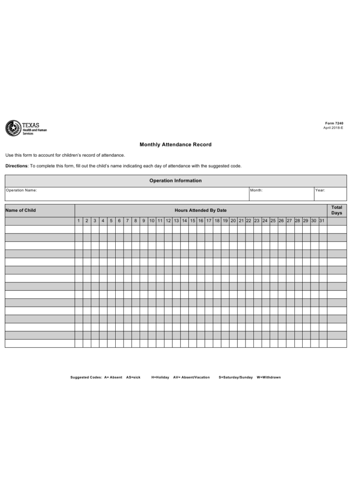 Form 7240 Download Fillable PDF Or Fill Online Monthly Attendance