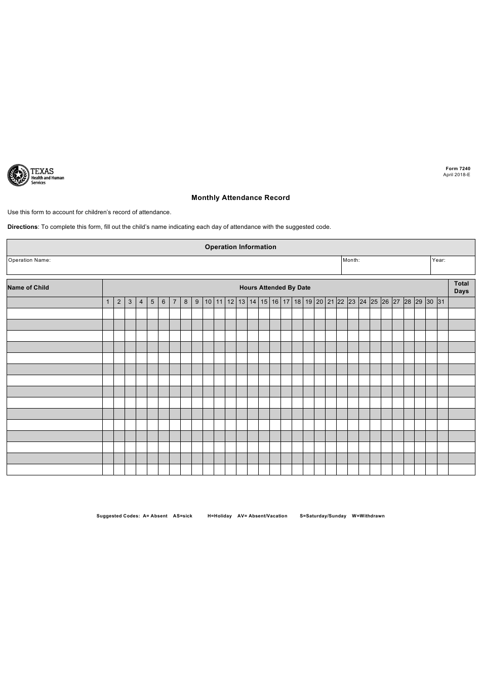 Form 7240 Download Fillable PDF Or Fill Online Monthly Attendance 