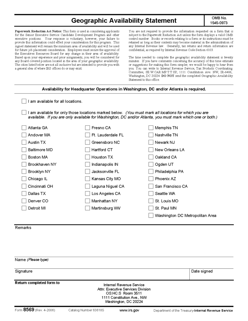 Form 8569 Geographic Availability Statement