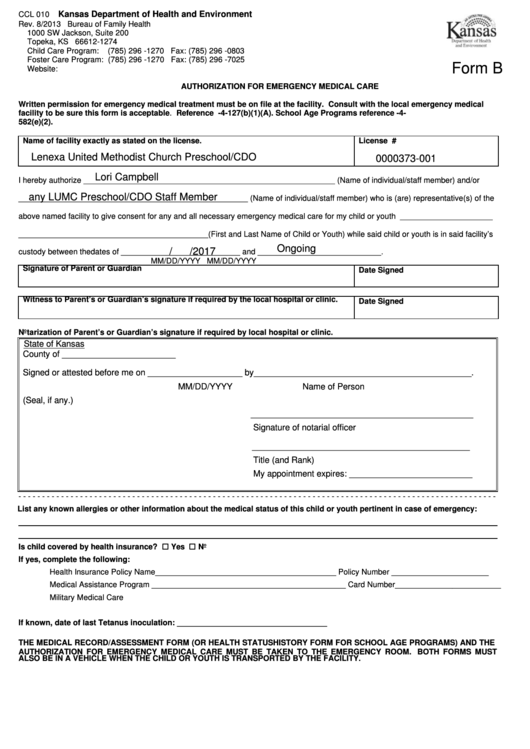 Form B Authorization For Emergency Medical Care Kansas Department 