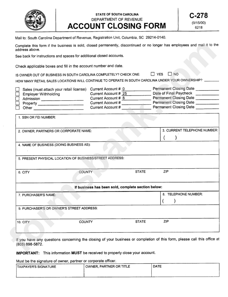 Form C 278 Account Closing Form Printable Pdf Download