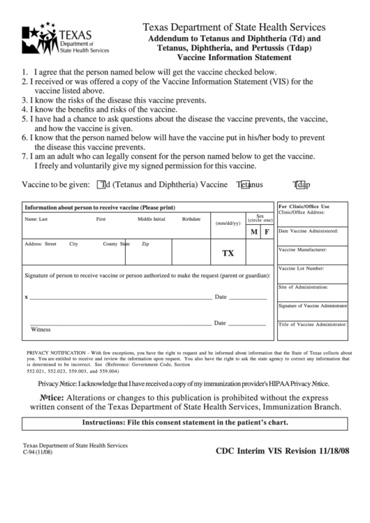 Form C 94 Texas Department Of State Health Services Addendum To 