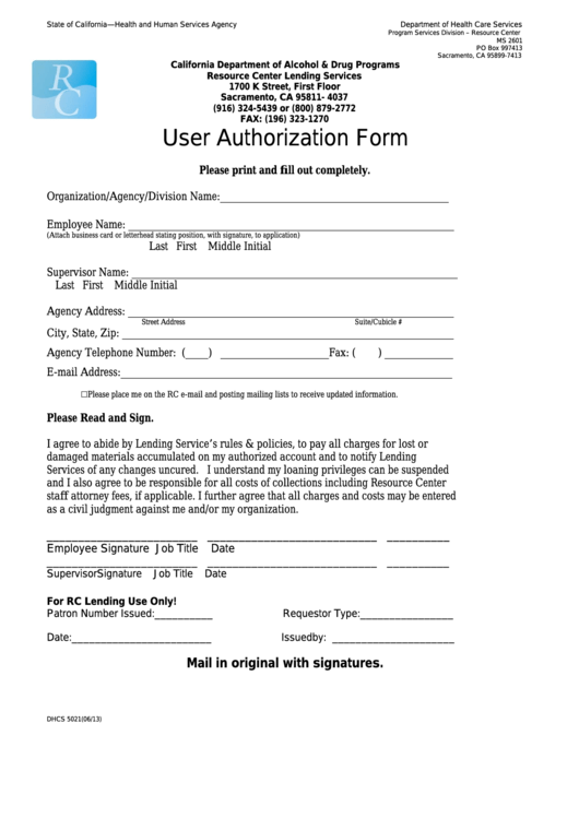 Form Dhcs 5021 California User Authorization Form Health And Human 