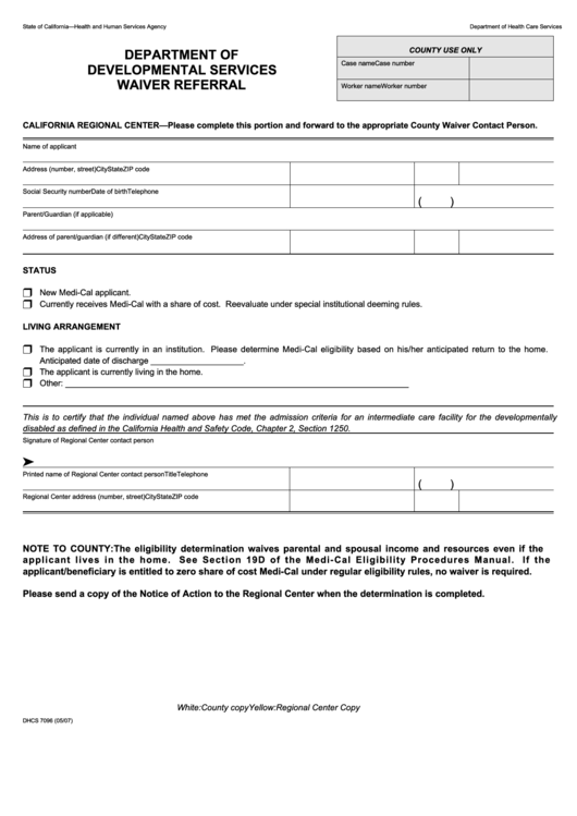 Form Dhcs 7096 California Department Of Developmental Services Waiver