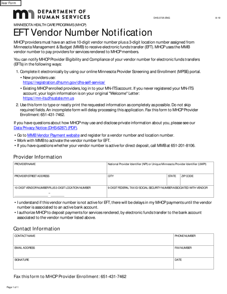 Form DHS 3725 Download Fillable PDF Or Fill Online Eft Vendor Number 