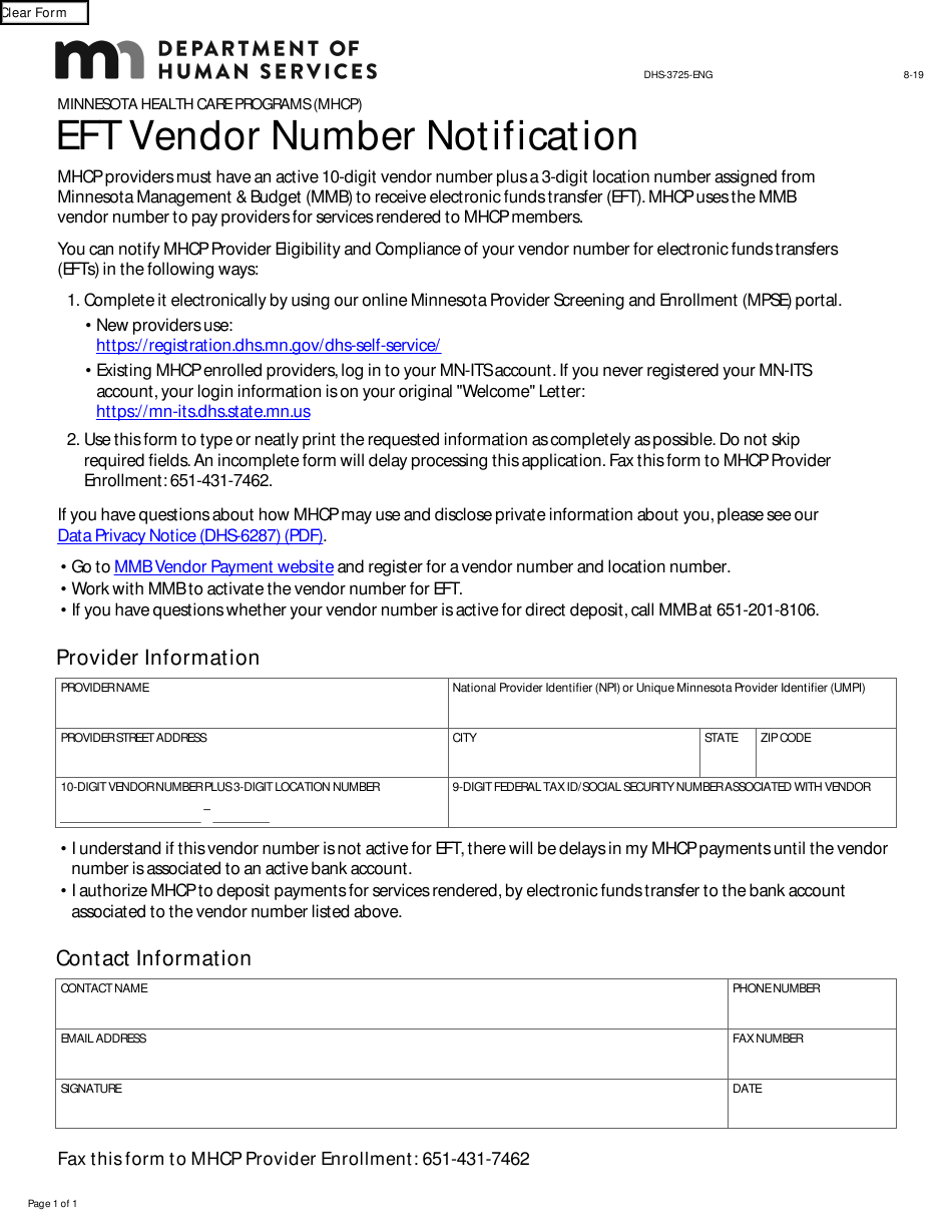 Form DHS 3725 Download Fillable PDF Or Fill Online Eft Vendor Number 