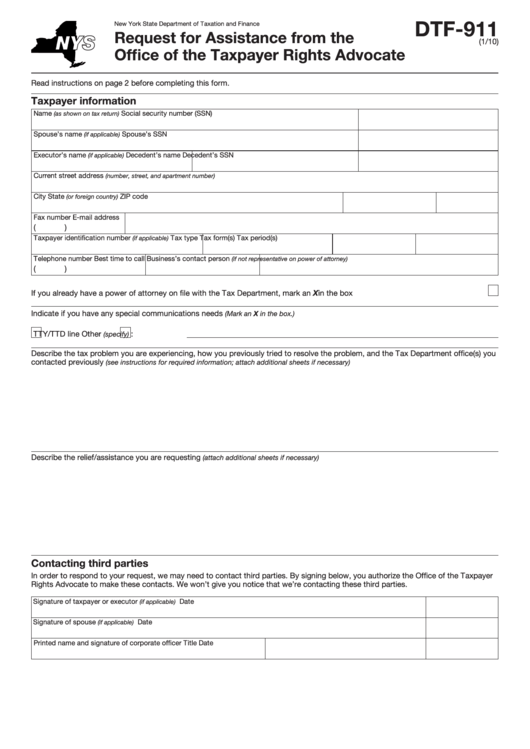 Form Dtf 911 Request For Assistance From The Office Of The Taxpayer 