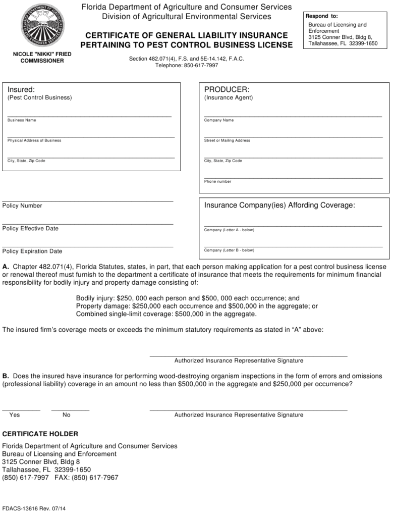 Form FDACS 13616 Download Fillable PDF Or Fill Online Certificate Of