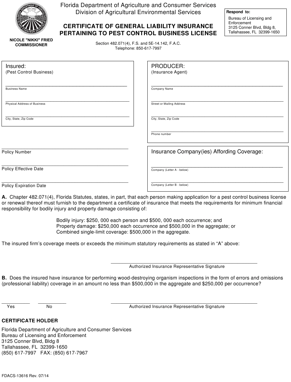 Form FDACS 13616 Download Fillable PDF Or Fill Online Certificate Of 