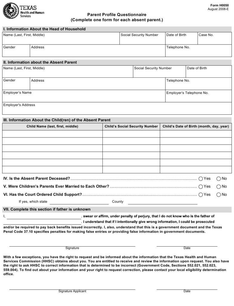 Form H0050 Download Fillable PDF Or Fill Online Parent Profile 