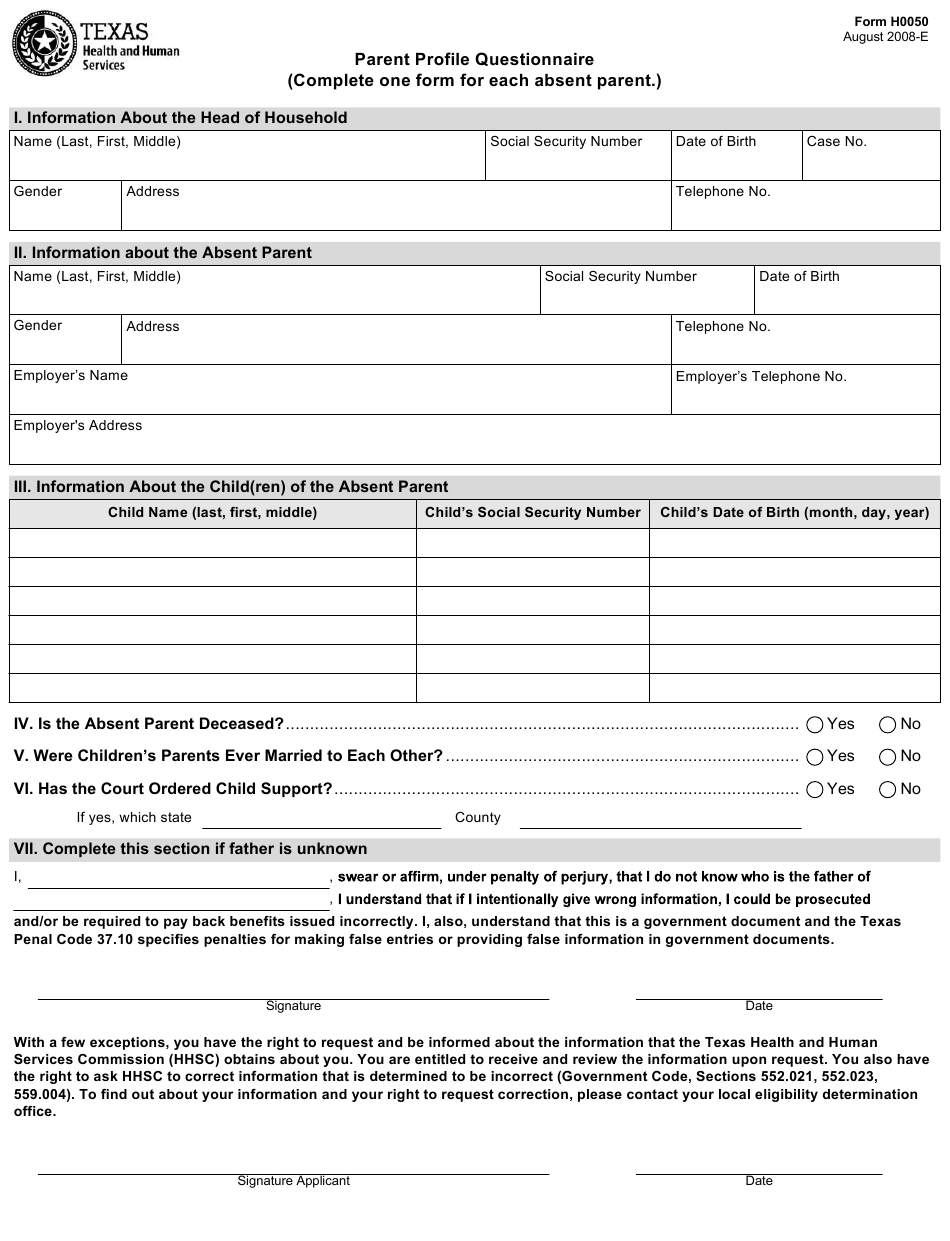 Form H0050 Download Fillable PDF Or Fill Online Parent Profile 