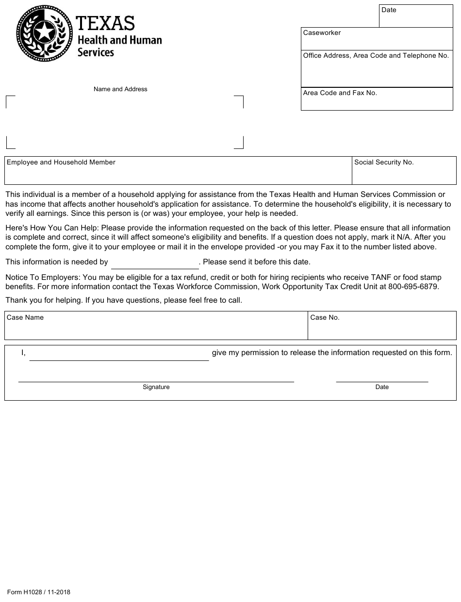 Form H1028 Download Fillable PDF Or Fill Online Employment Verification 